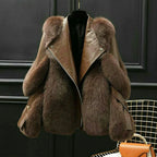 Women's oversized jacket with fur-textured collar, lapels and diagonal zip front