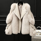 Women's oversized jacket with fur-textured collar, lapels and diagonal zip front