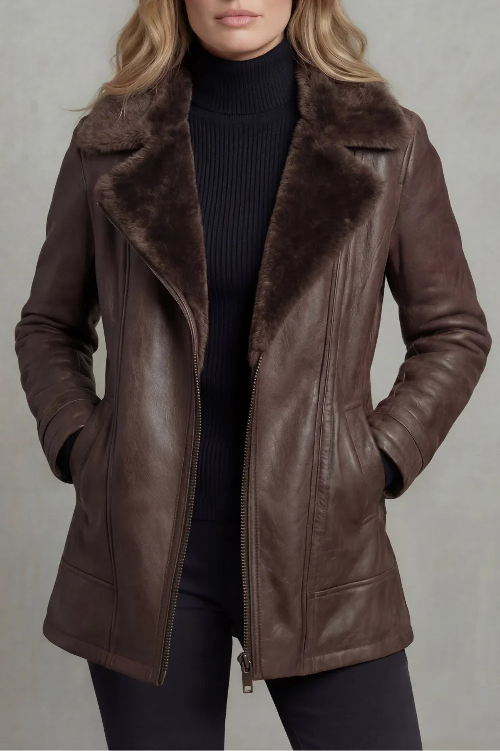 Women's brown shearling-lined jacket with wide dark collar and front zip