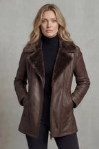 Women's brown shearling-lined jacket with wide dark collar and front zip