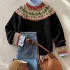 Women's long-sleeve Fair Isle jumper with patterned yoke and ribbed trims