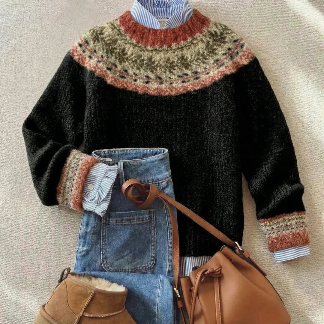 Women's long-sleeve Fair Isle jumper with patterned yoke and ribbed trims