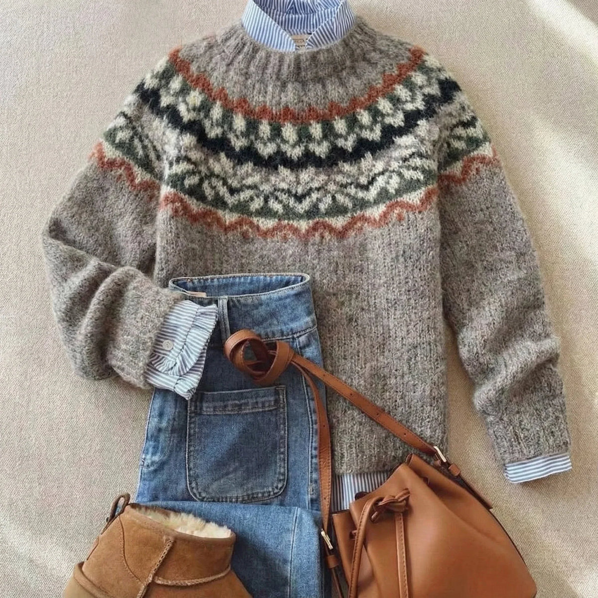 Women's long-sleeve Fair Isle jumper with patterned yoke and ribbed trims