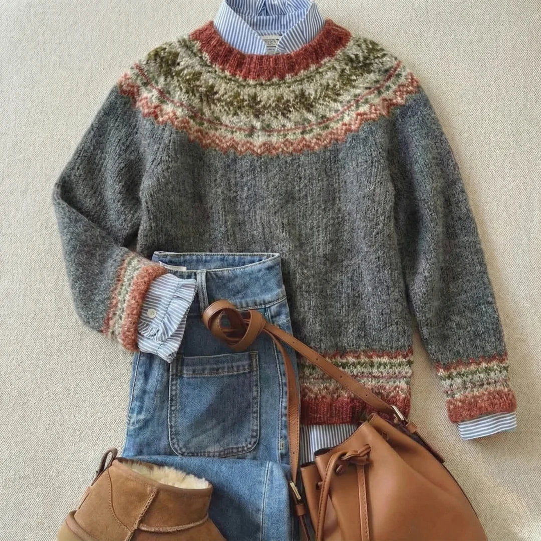 Women's long-sleeve Fair Isle jumper with patterned yoke and ribbed trims