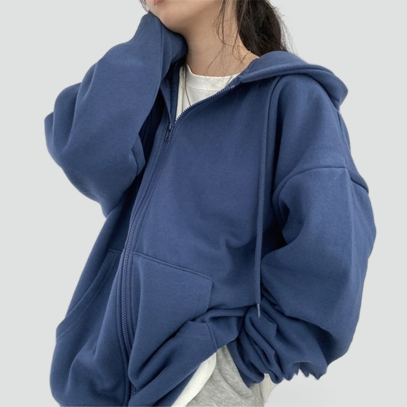 Women's relaxed hooded zip-front hoodie with long sleeves and front pockets