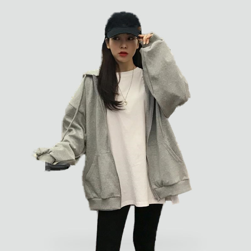 Women's relaxed hooded zip-front hoodie with long sleeves and front pockets