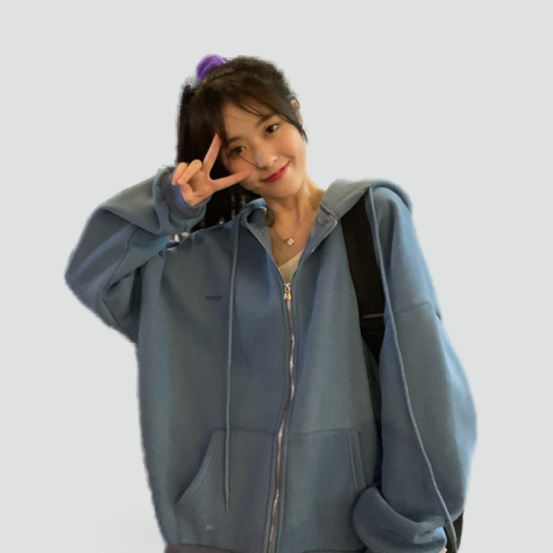 Women's relaxed hooded zip-front hoodie with long sleeves and front pockets