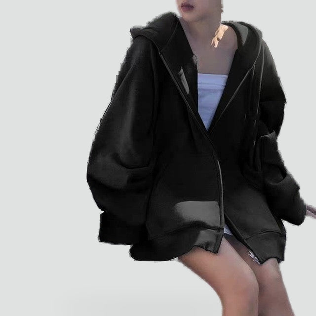 Women's relaxed hooded zip-front hoodie with long sleeves and front pockets
