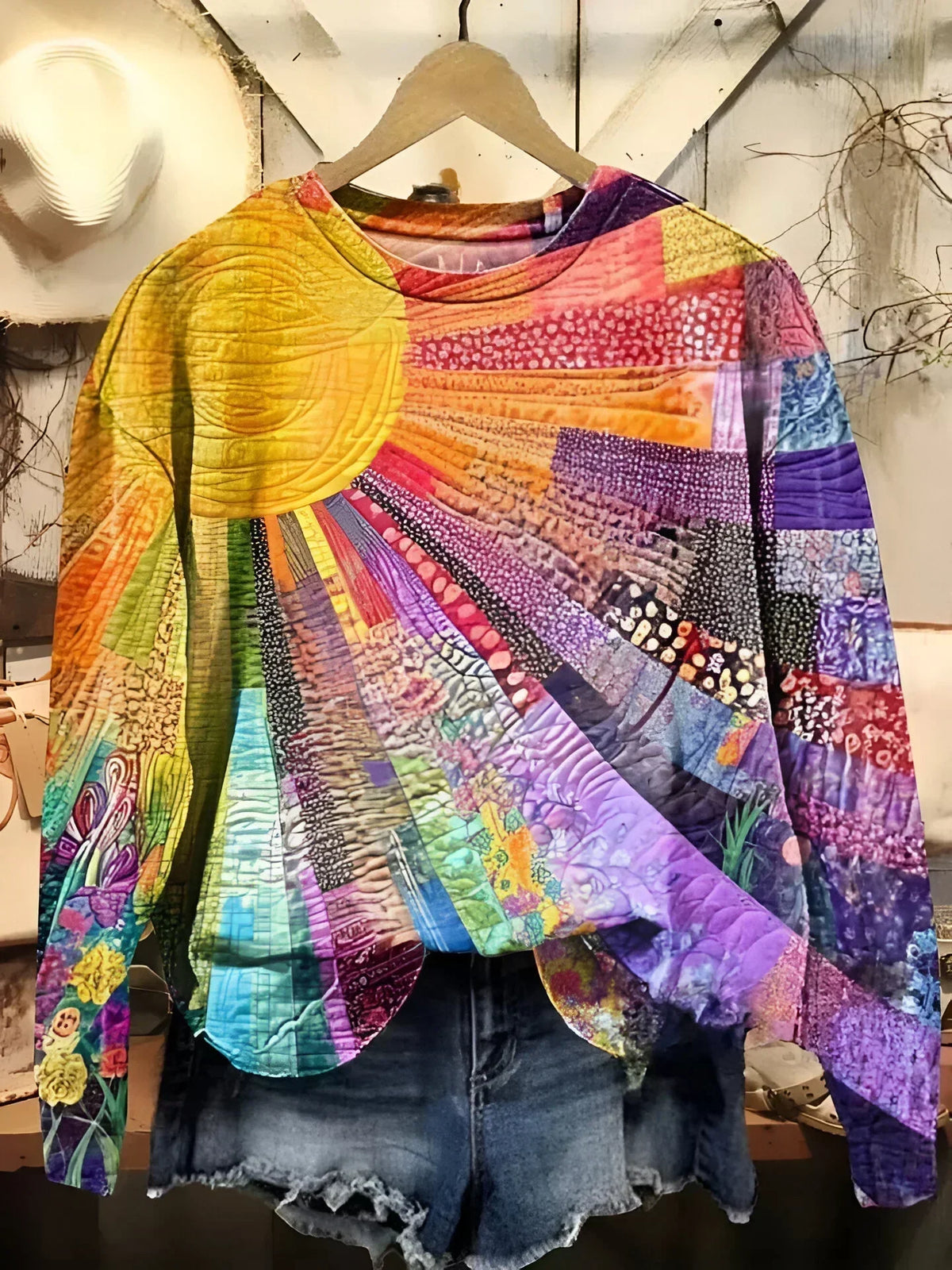 Women's multicoloured abstract sun print long sleeve top
