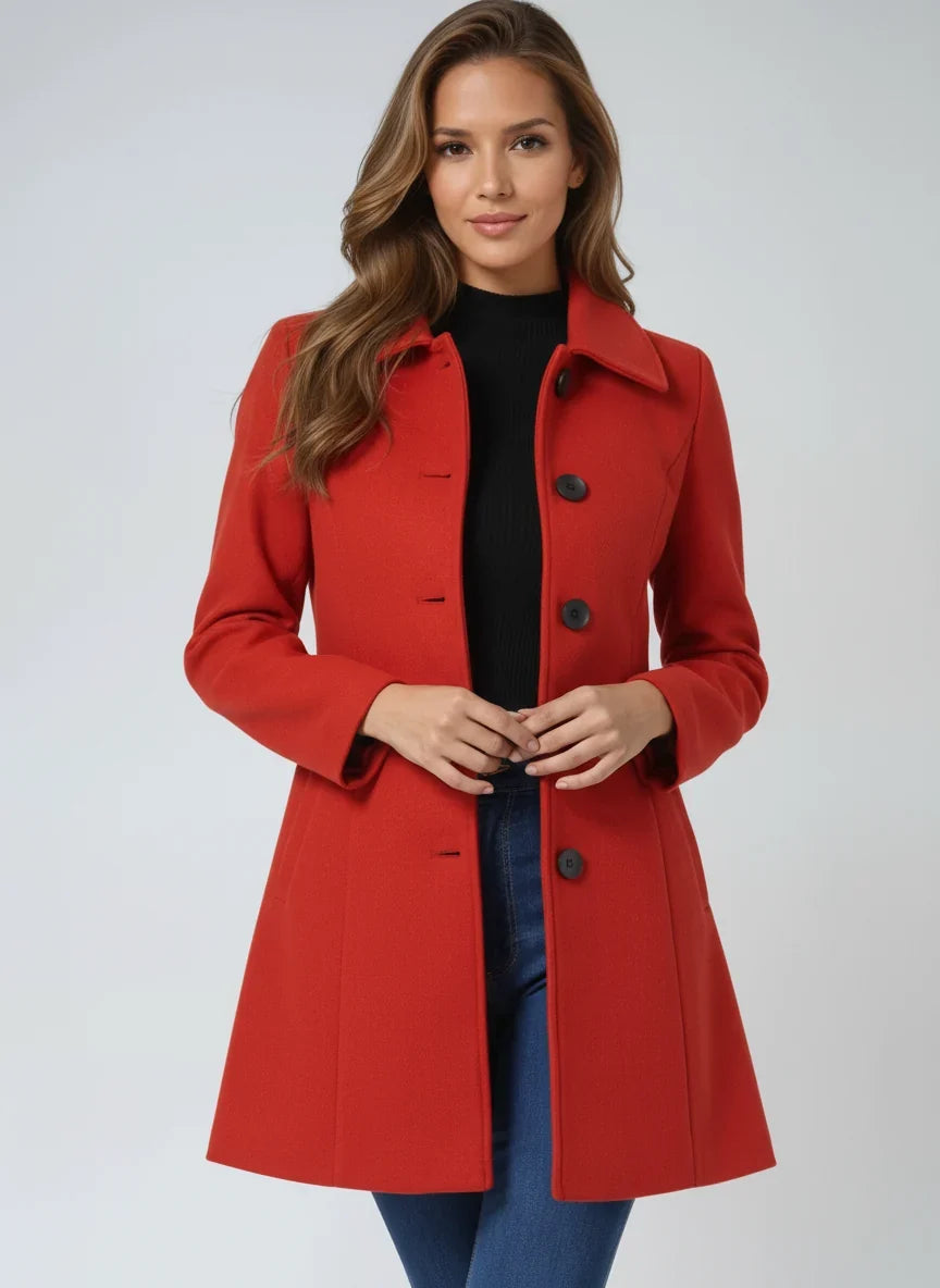 Women's fit and flare button-front coat with notched collar