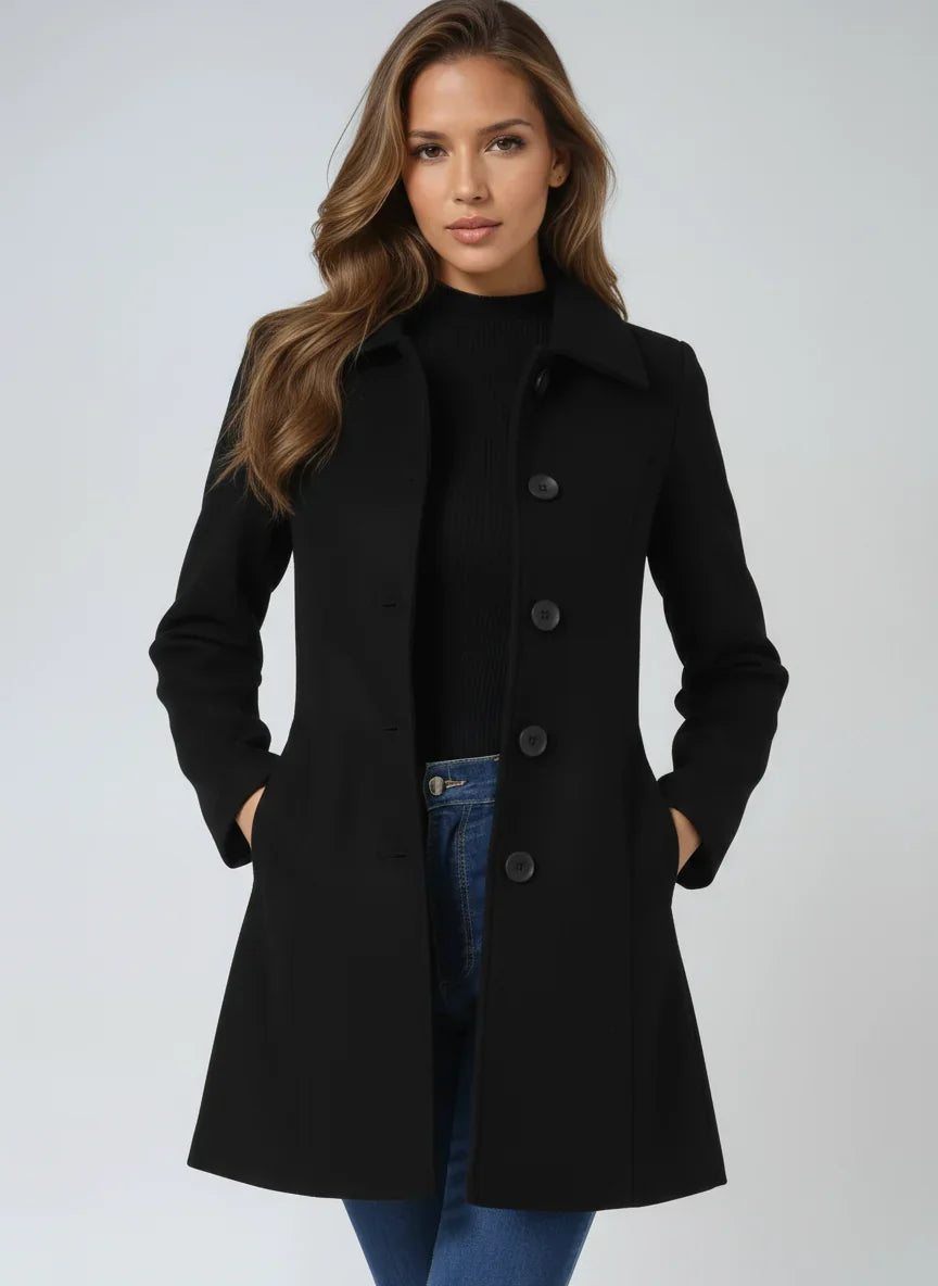 Women's fit and flare button-front coat with notched collar