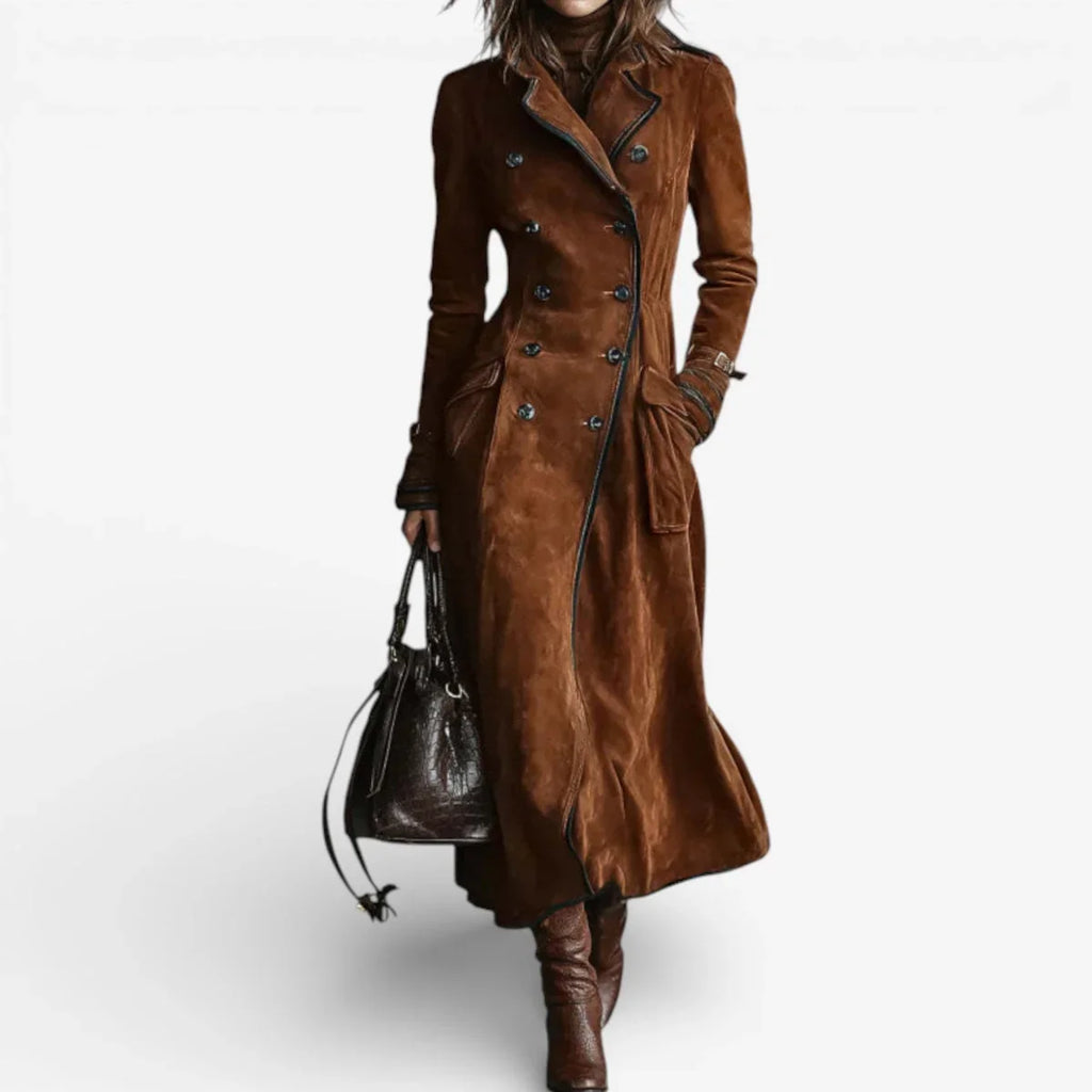 Women's long double-breasted coat with notched lapels and flared hem