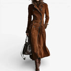 Women's long double-breasted coat with notched lapels and flared hem