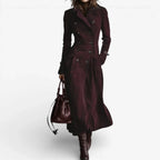 Women's long double-breasted coat with notched lapels and flared hem