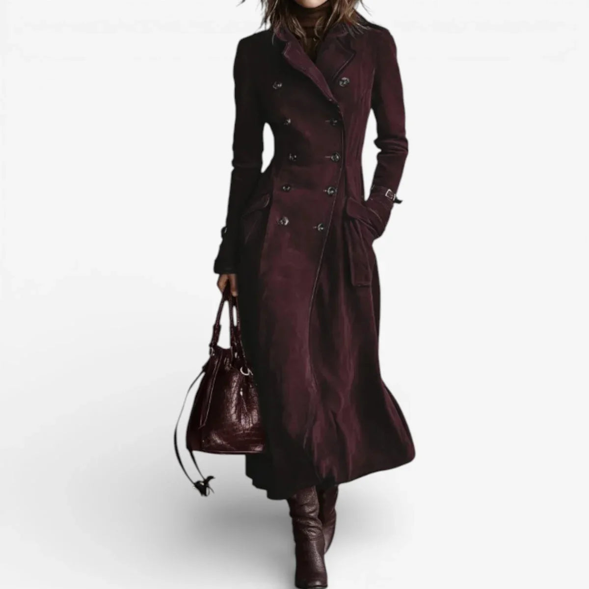 Women's long double-breasted coat with notched lapels and flared hem