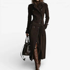 Women's long double-breasted coat with notched lapels and flared hem