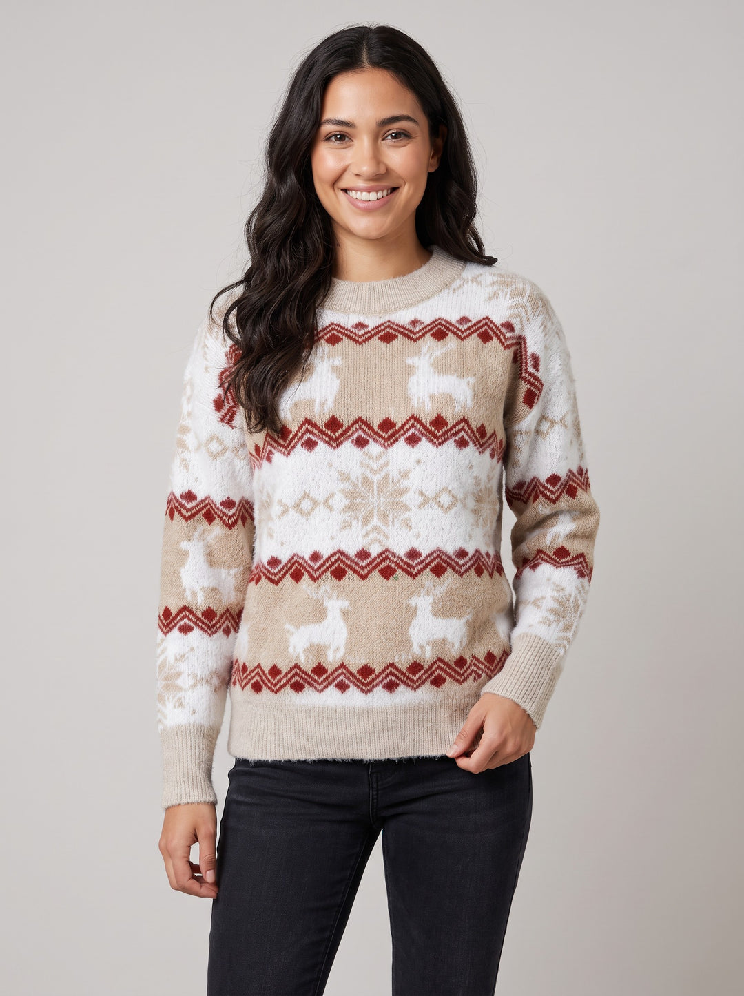 Women's Fair Isle Reindeer Christmas Jumper in beige