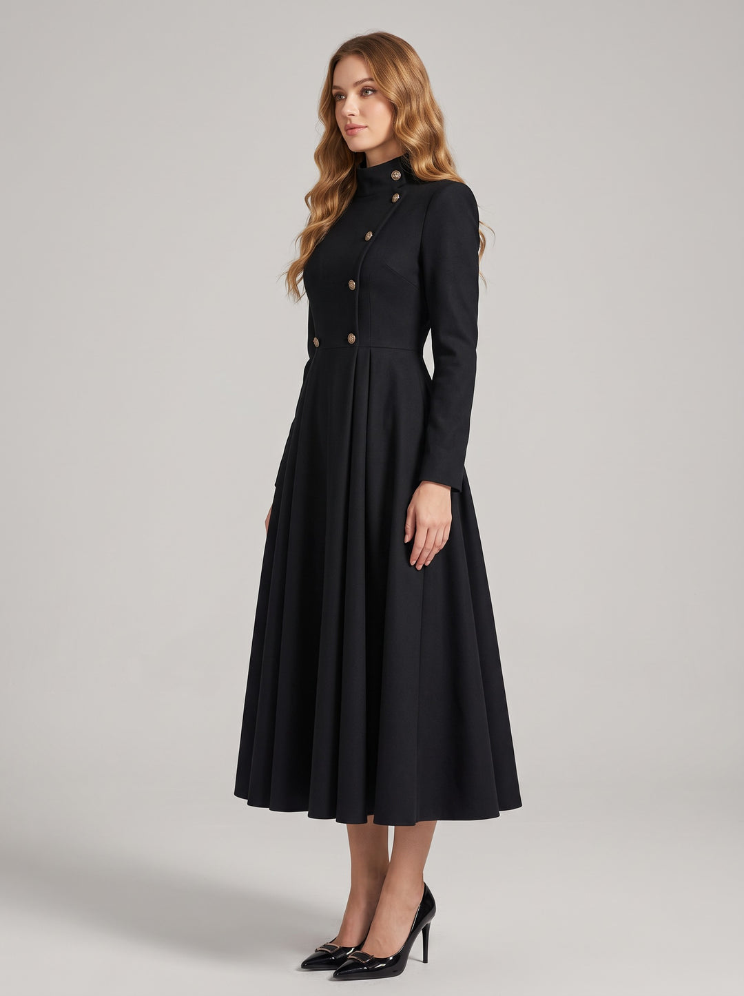 Women's A-Line Stand Collar Coat in black
