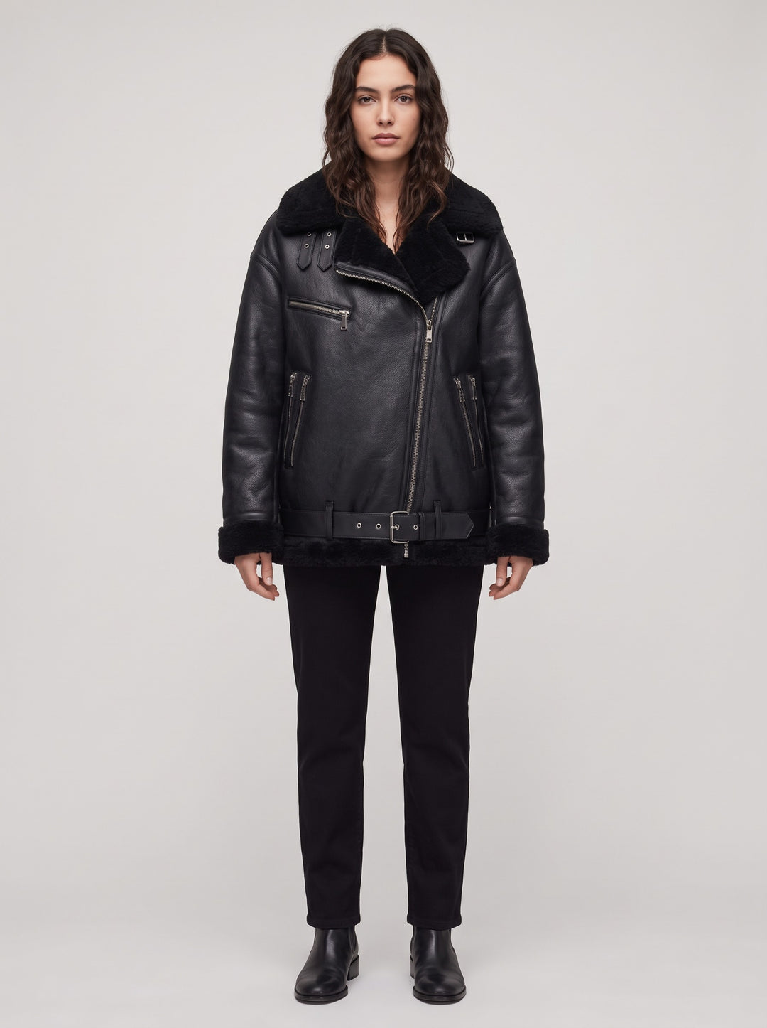 Women's Oversized Faux Shearling Aviator Jacket in black