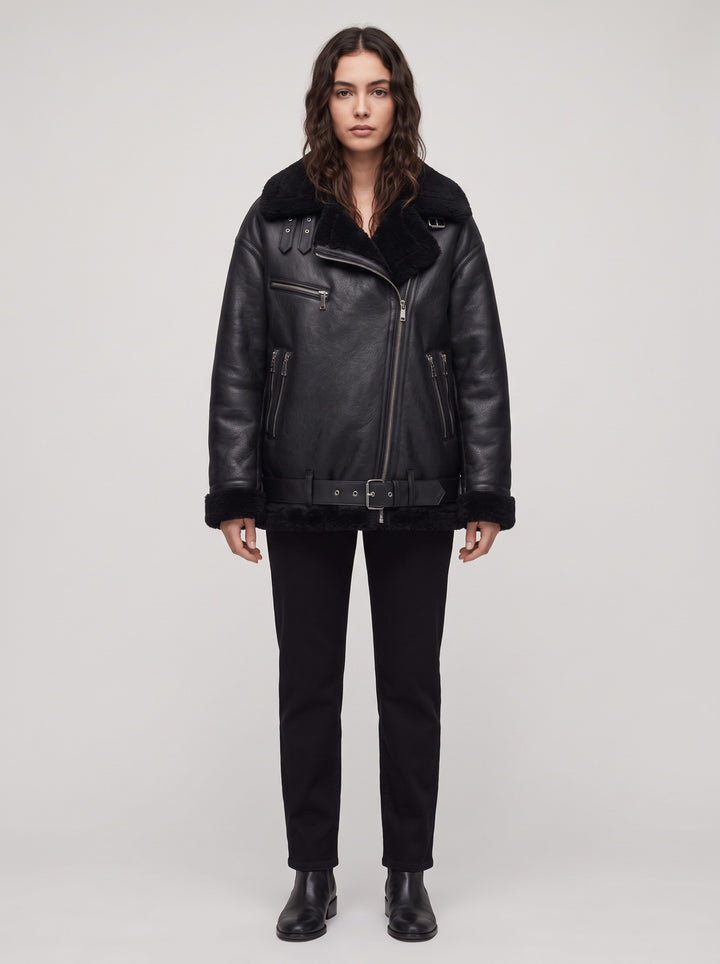 Women's Oversized Faux Shearling Aviator Jacket in black
