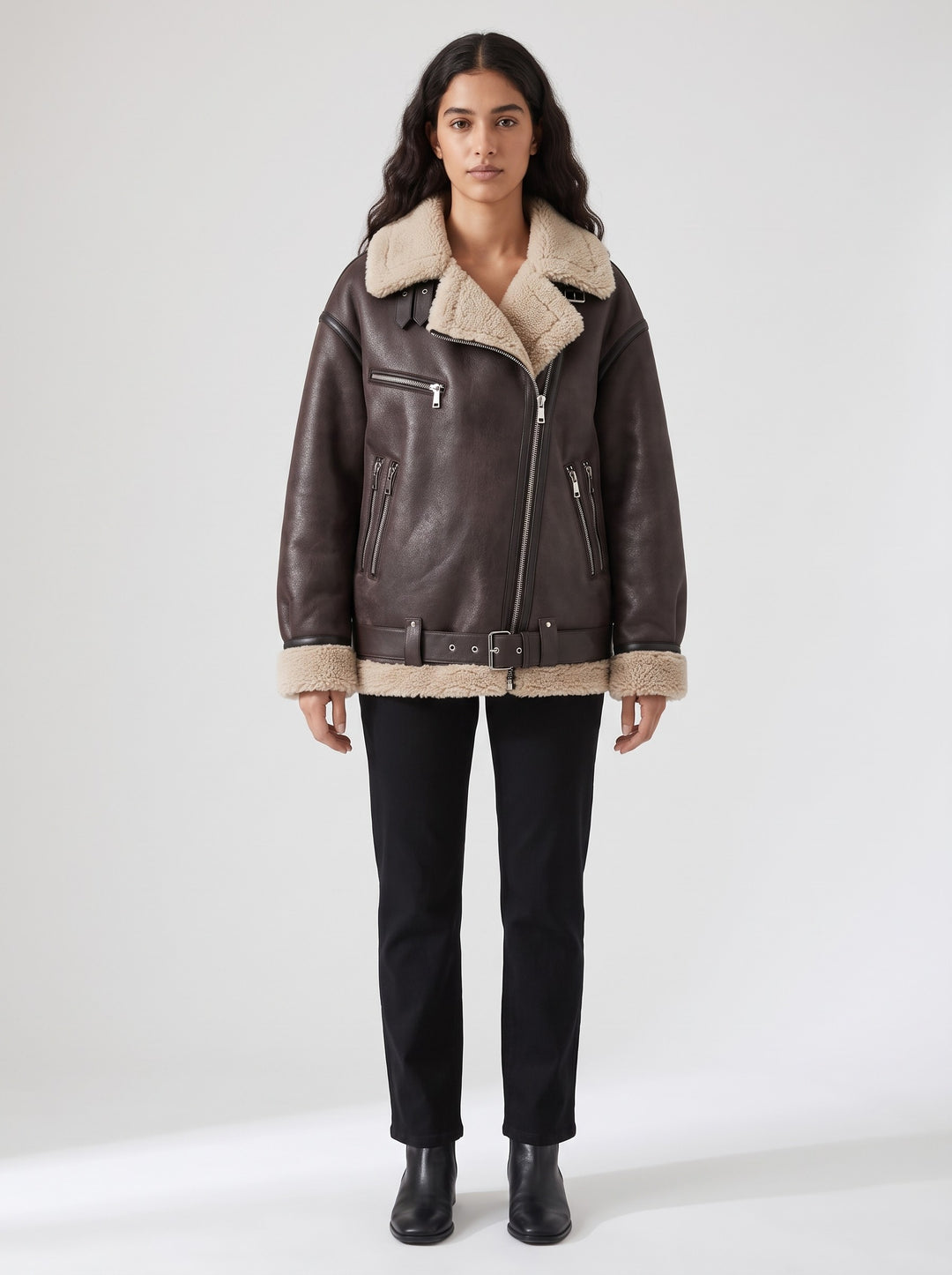 Women's Oversized Faux Shearling Aviator Jacket in brown