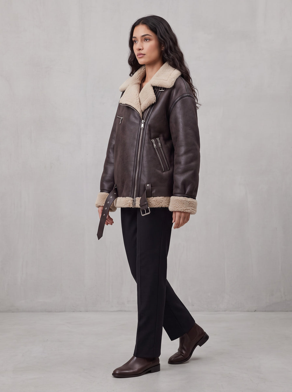 Women's Oversized Faux Shearling Aviator Jacket in brown
