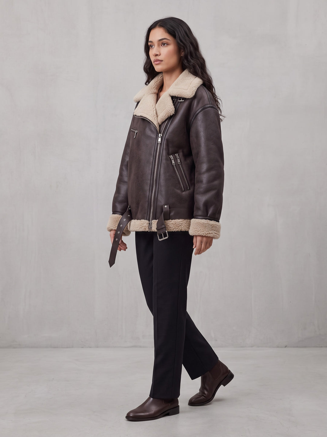 Women's Oversized Faux Shearling Aviator Jacket in brown