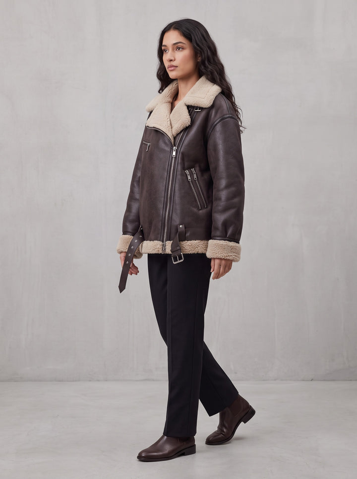 Women's Oversized Faux Shearling Aviator Jacket in brown