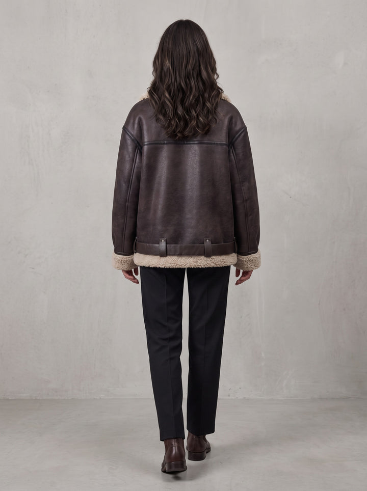 Women's Oversized Faux Shearling Aviator Jacket in brown
