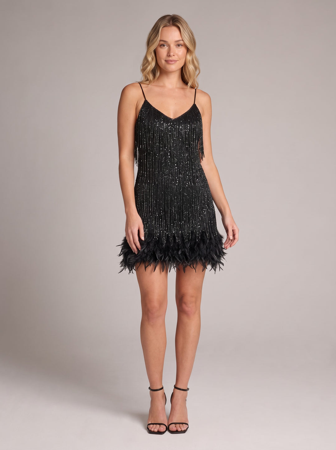 Women's Beaded Fringe Mini Dress with Feather Hem in black