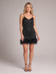 Women's Beaded Fringe Mini Dress with Feather Hem in black