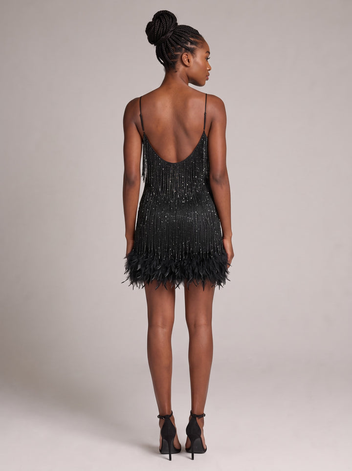 Women's Beaded Fringe Mini Dress with Feather Hem in black