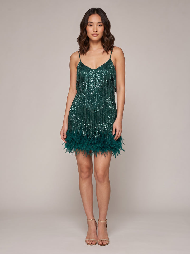 Women's Beaded Fringe Mini Dress with Feather Hem in emerald green
