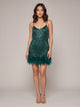 Women's Beaded Fringe Mini Dress with Feather Hem in emerald green
