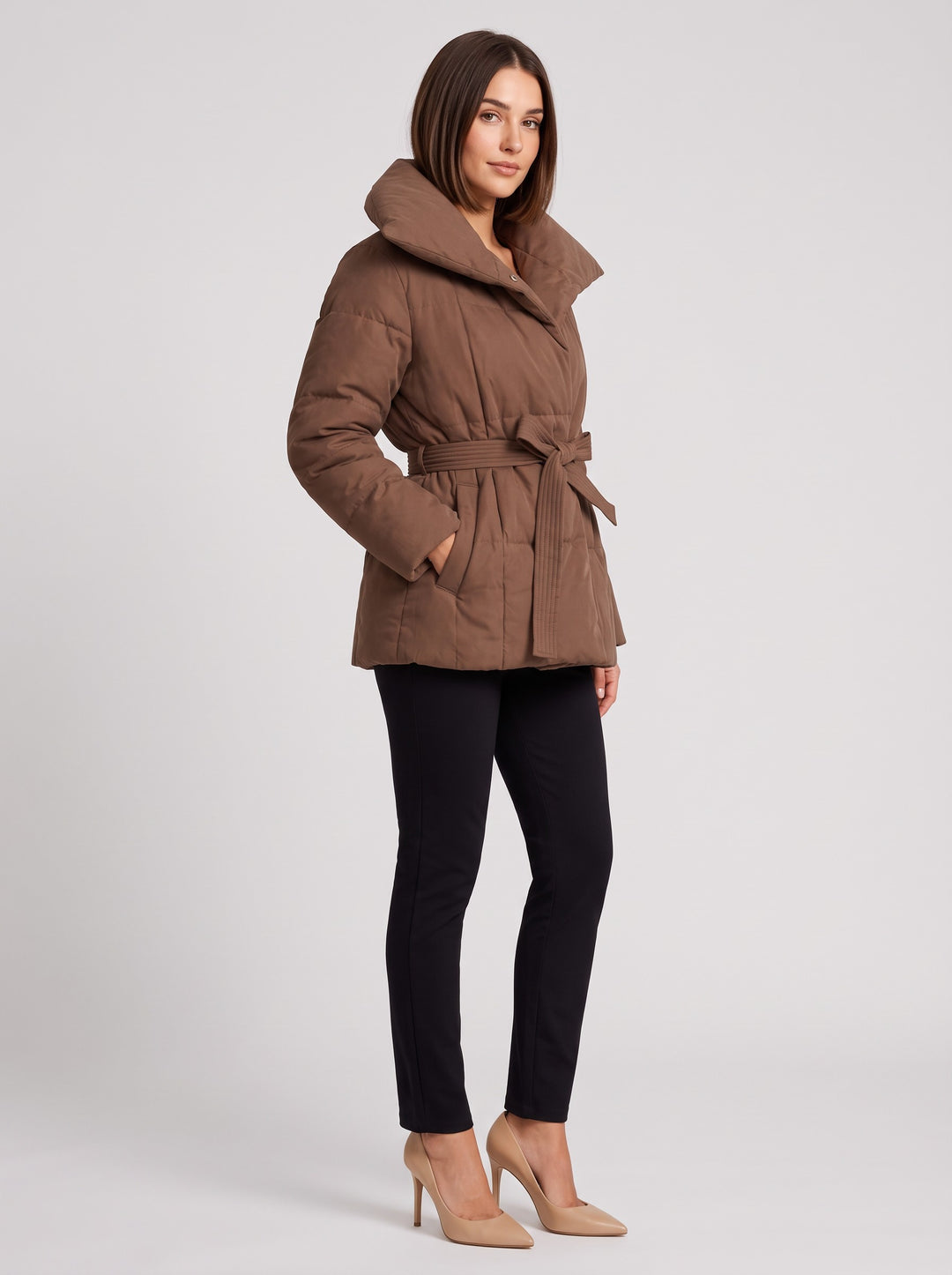 Women's Belted Puffer Jacket with Oversized Collar in brown