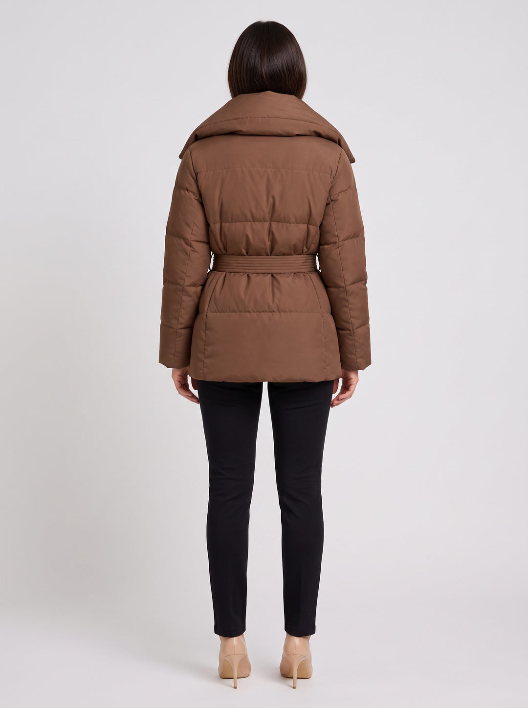 Women's Belted Puffer Jacket with Oversized Collar in brown
