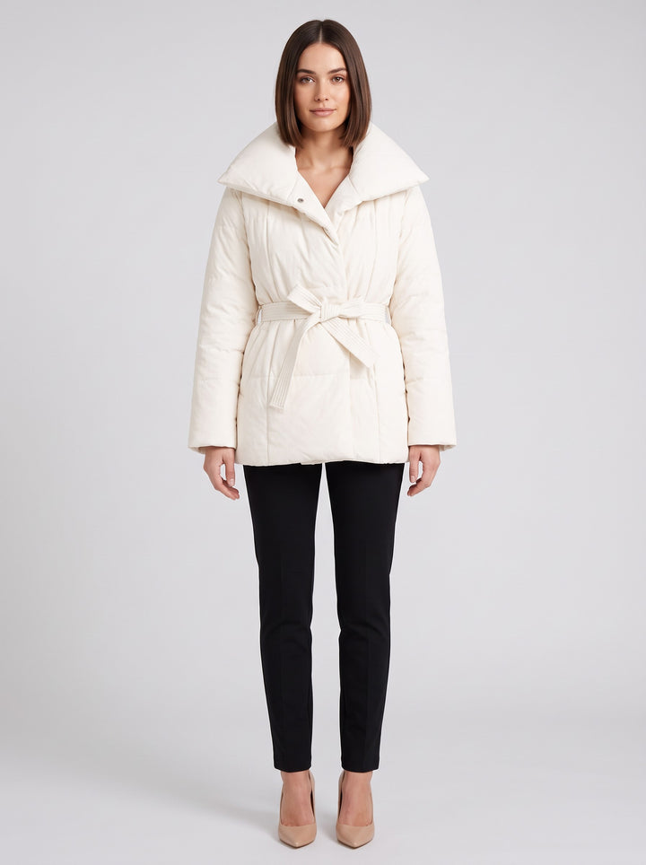Women's Belted Puffer Jacket with Oversized Collar in white