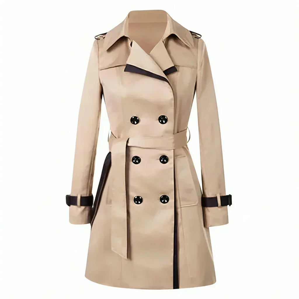 Women's long double-breasted trench coat with collared neckline and cuff tabs
