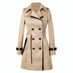 Women's long double-breasted trench coat with collared neckline and cuff tabs