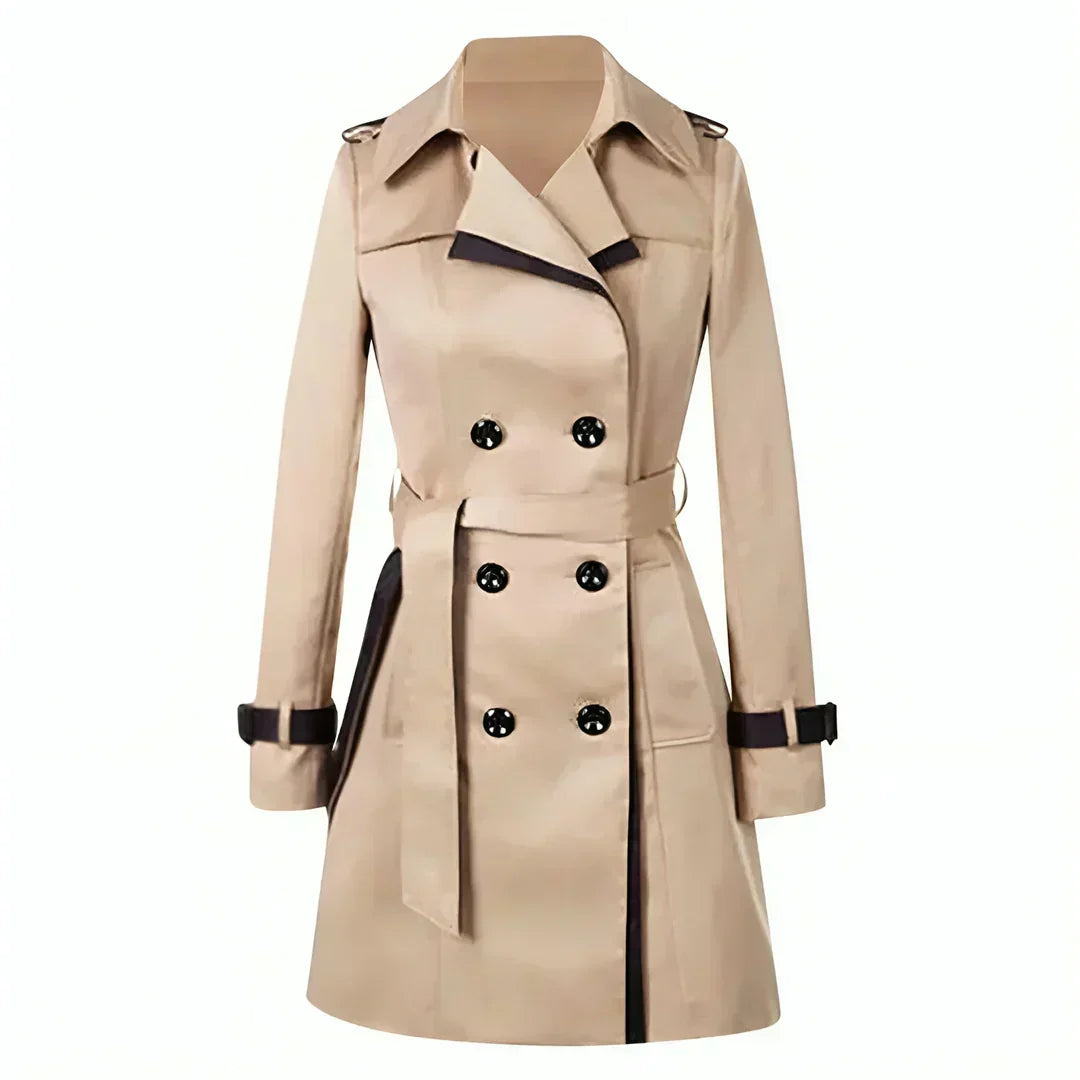 Women's long double-breasted trench coat with collared neckline and cuff tabs