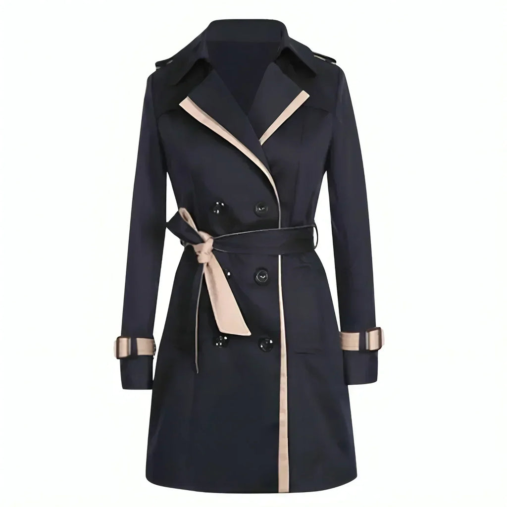 Women's long double-breasted trench coat with collared neckline and cuff tabs