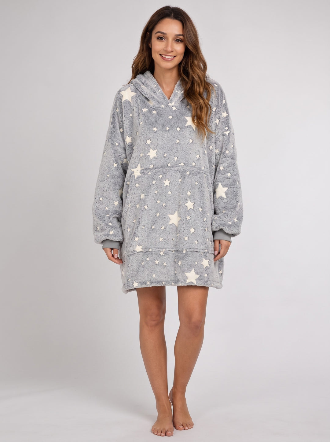 Women's Glow in the Dark Star Blanket Hoodie in grey stars