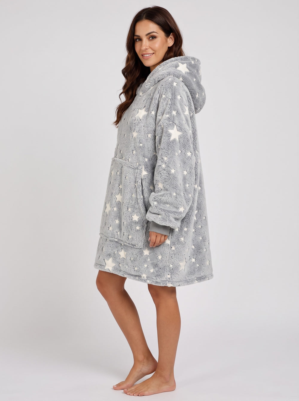 Women's Glow in the Dark Star Blanket Hoodie in grey stars