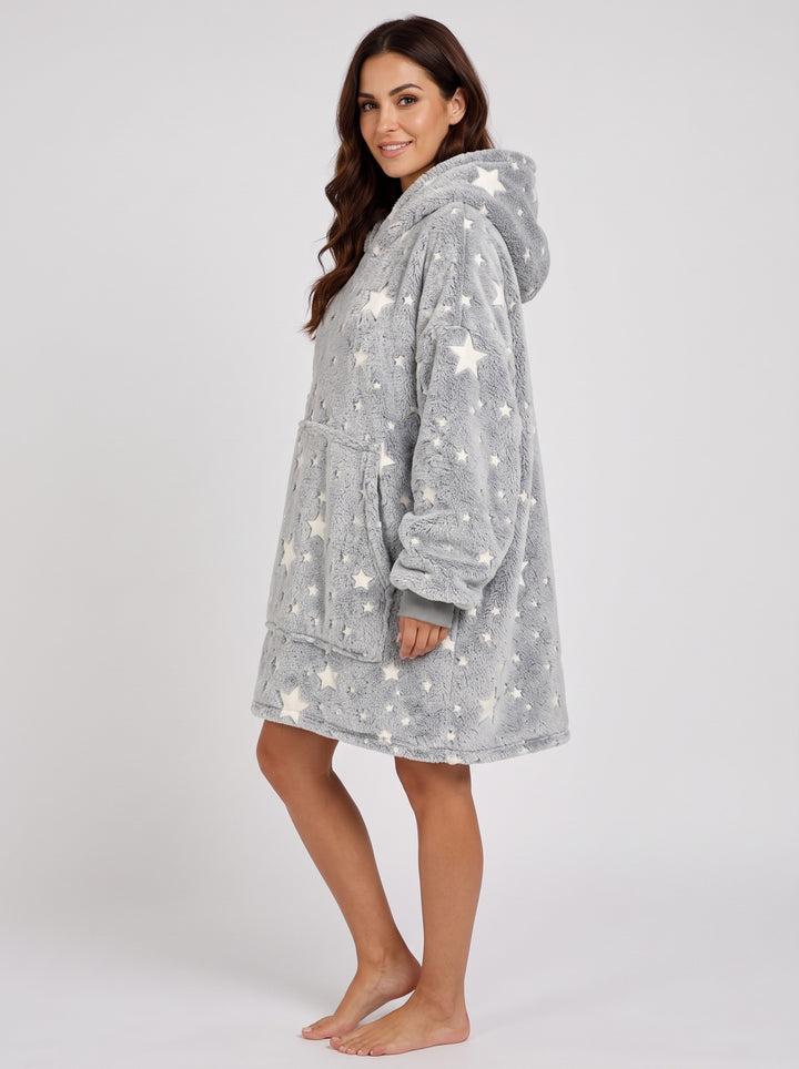 Women's Glow in the Dark Star Blanket Hoodie in grey stars