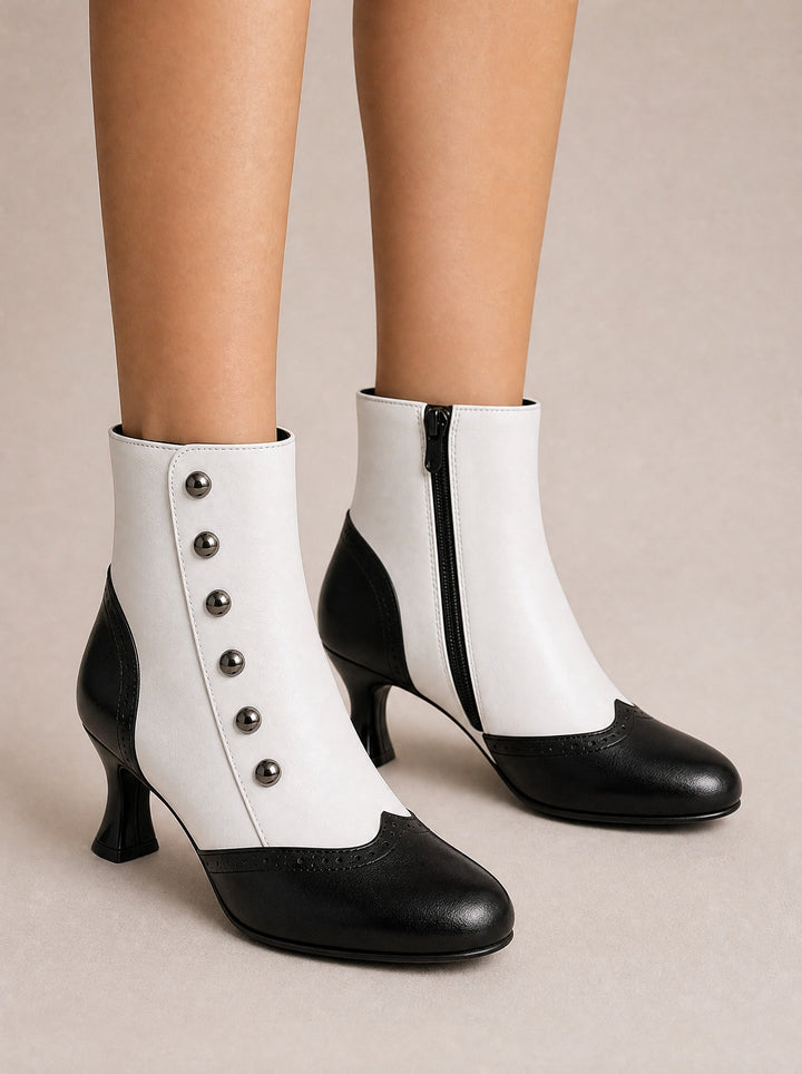 Women's Two-Tone Button Ankle Boots in white black