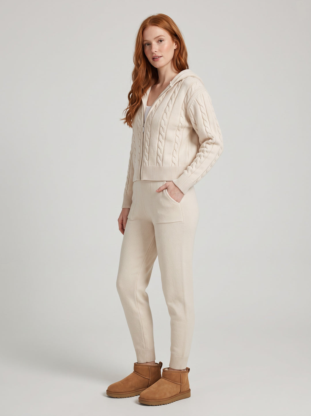 Women's Cable-Knit Hooded Lounge Set in beige