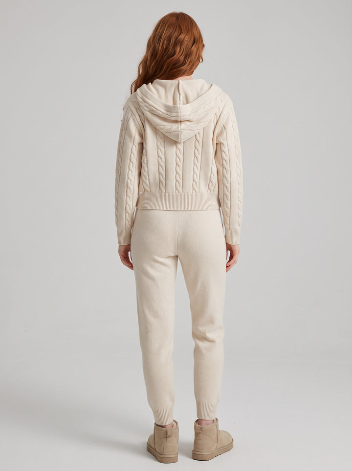 Women's Cable-Knit Hooded Lounge Set in beige