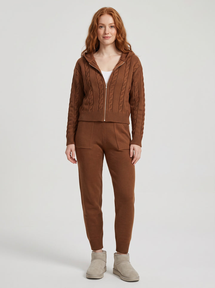 Women's Cable-Knit Hooded Lounge Set in brown