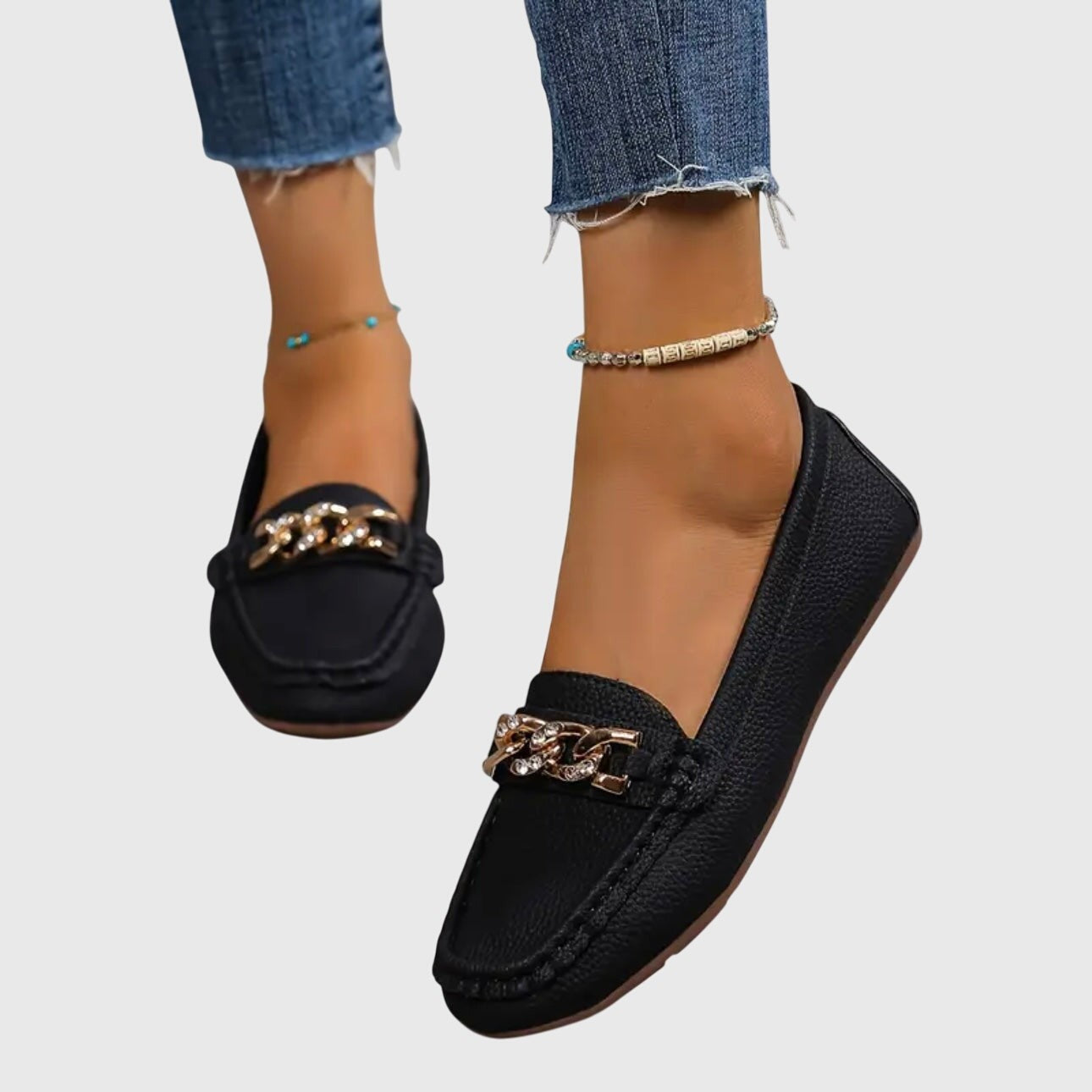 Women's round toe loafers with chain embellishment and flat soles