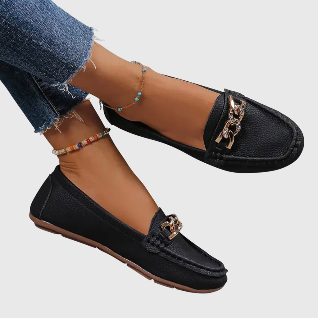 Women's round toe loafers with chain embellishment and flat soles